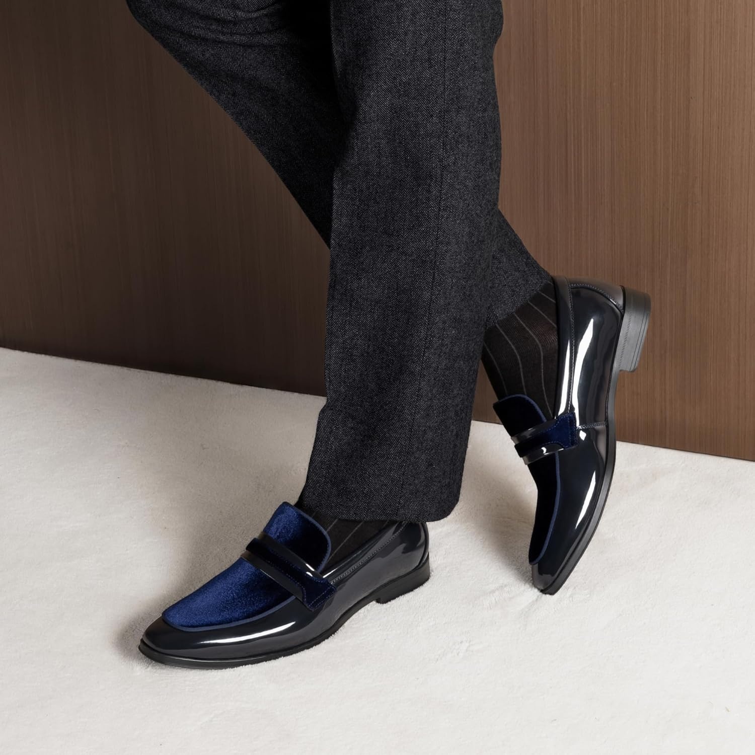 image:imageBruno Marc Mens Tuxedo Patent Loafers Classic Velvet Slipon Dress ShoesBlue