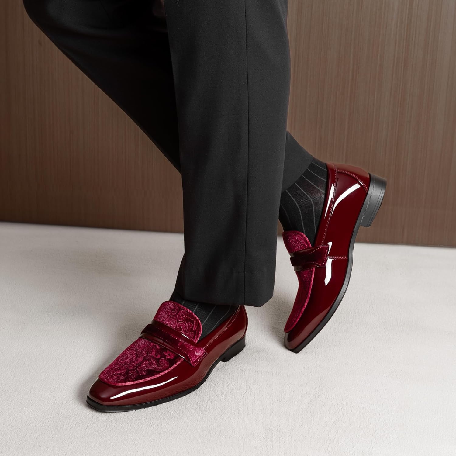 image:imageBruno Marc Mens Tuxedo Patent Loafers Classic Velvet Slipon Dress ShoesBurgundy