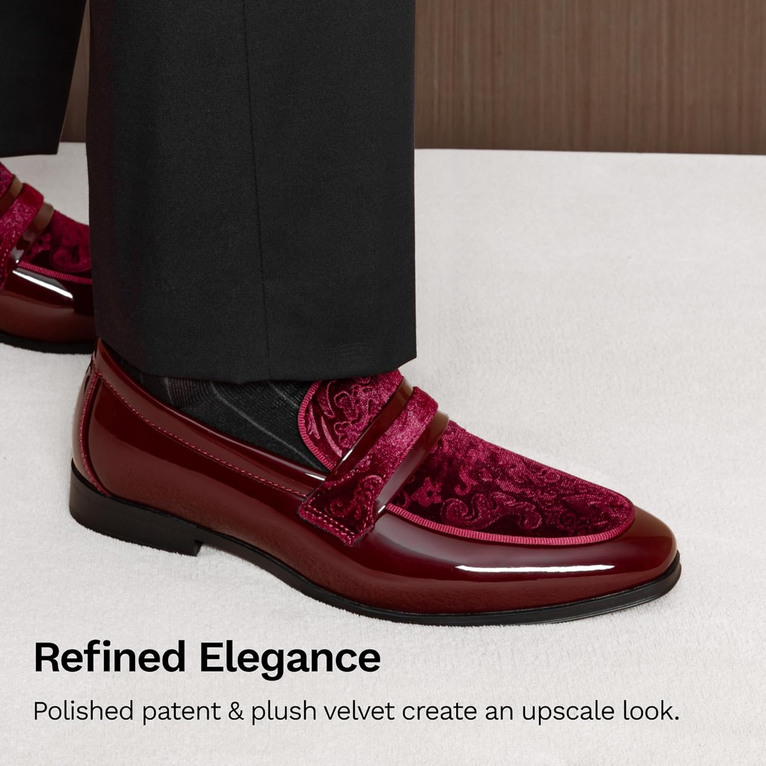 image:imageBruno Marc Mens Tuxedo Patent Loafers Classic Velvet Slipon Dress ShoesBurgundy