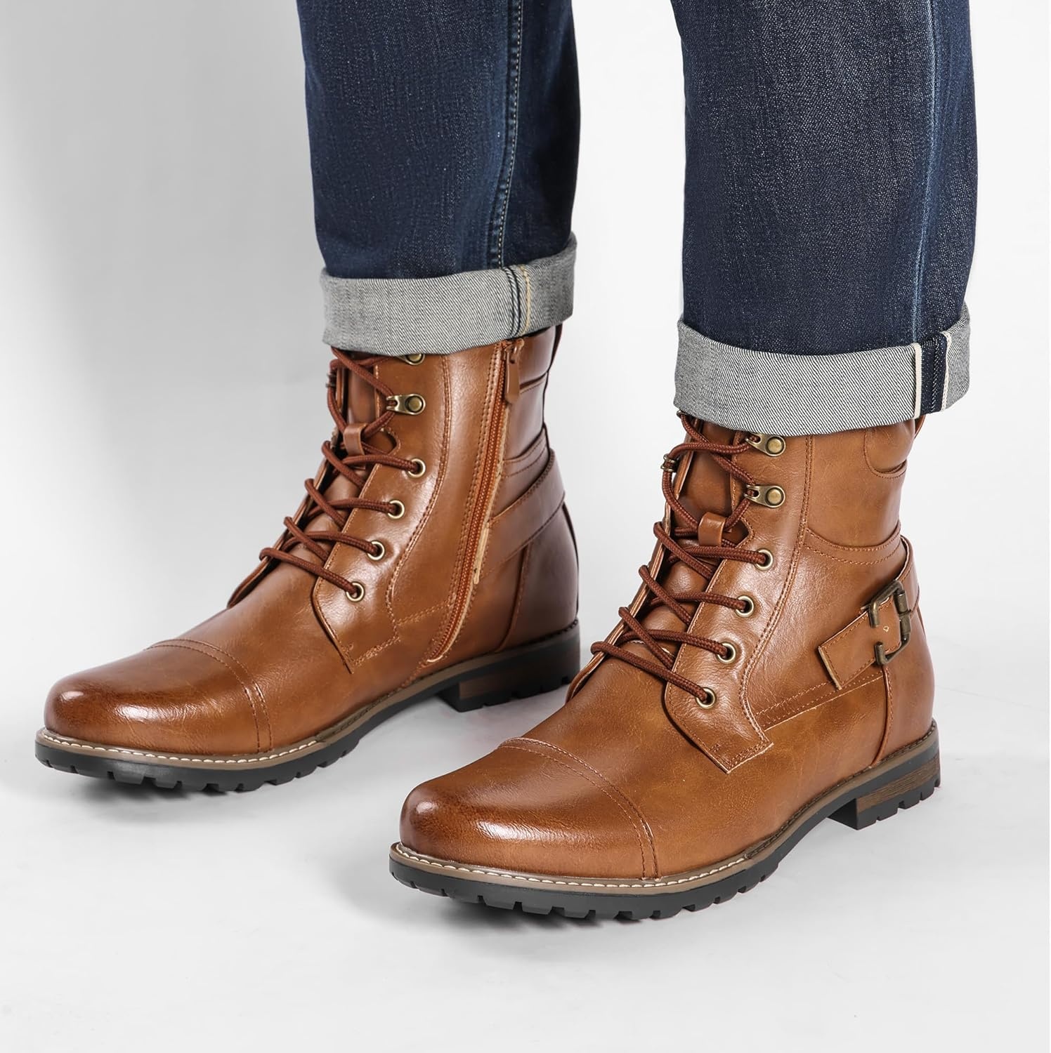 image:imageBruno Marc Mens Motorcycle Combat Boots Zipper Biker BootBrown